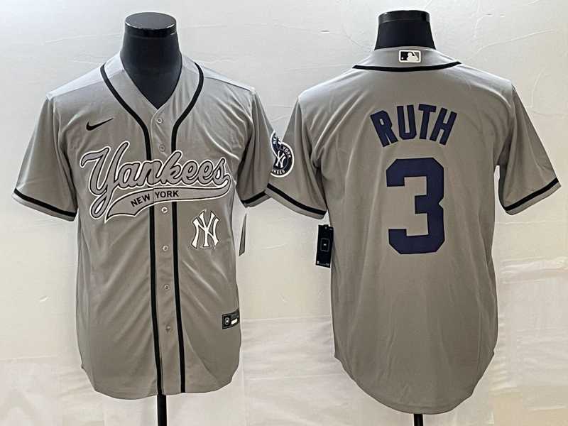 Men%27s New York Yankees #3 Babe Ruth Gray With Patch Cool Base Stitched Baseball Jersey->new york yankees->MLB Jersey
